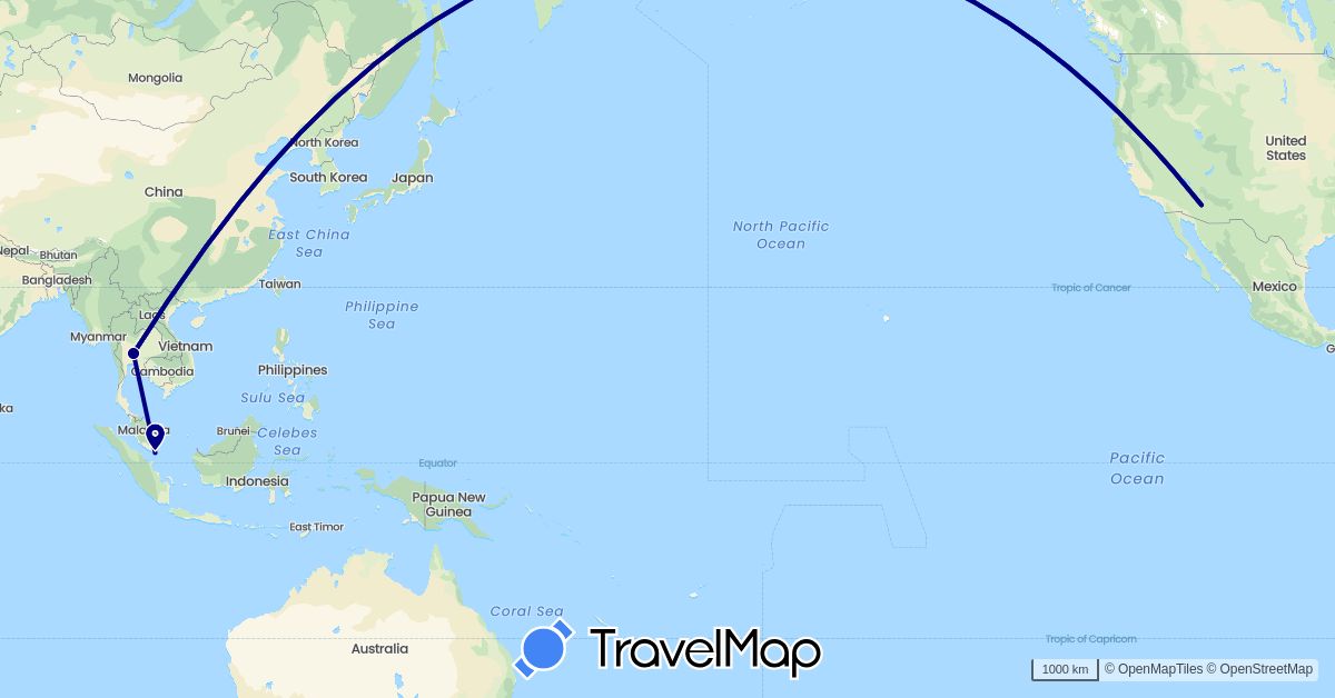 TravelMap itinerary: driving in Singapore, Thailand, United States (Asia, North America)