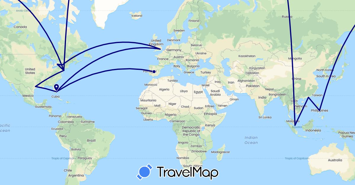 TravelMap itinerary: driving in Canada, China, Spain, United Kingdom, Philippines, Singapore, United States (Asia, Europe, North America)